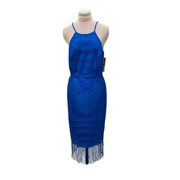 NWT GIANNI BINI Elizabeth Dress in Blue Macaw Lace Overlay Long Fringe Sz 6 NEW - Picture 1 of 6